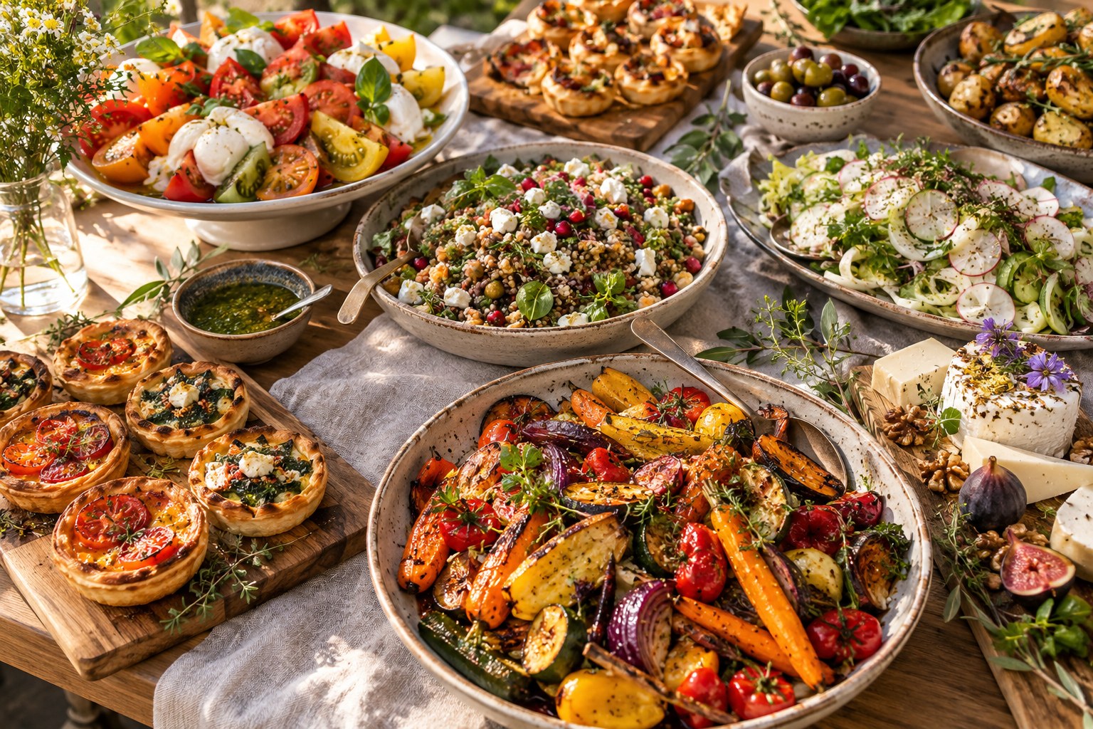 Buffet de saison avec légumes rôtis, tartes salées et salades